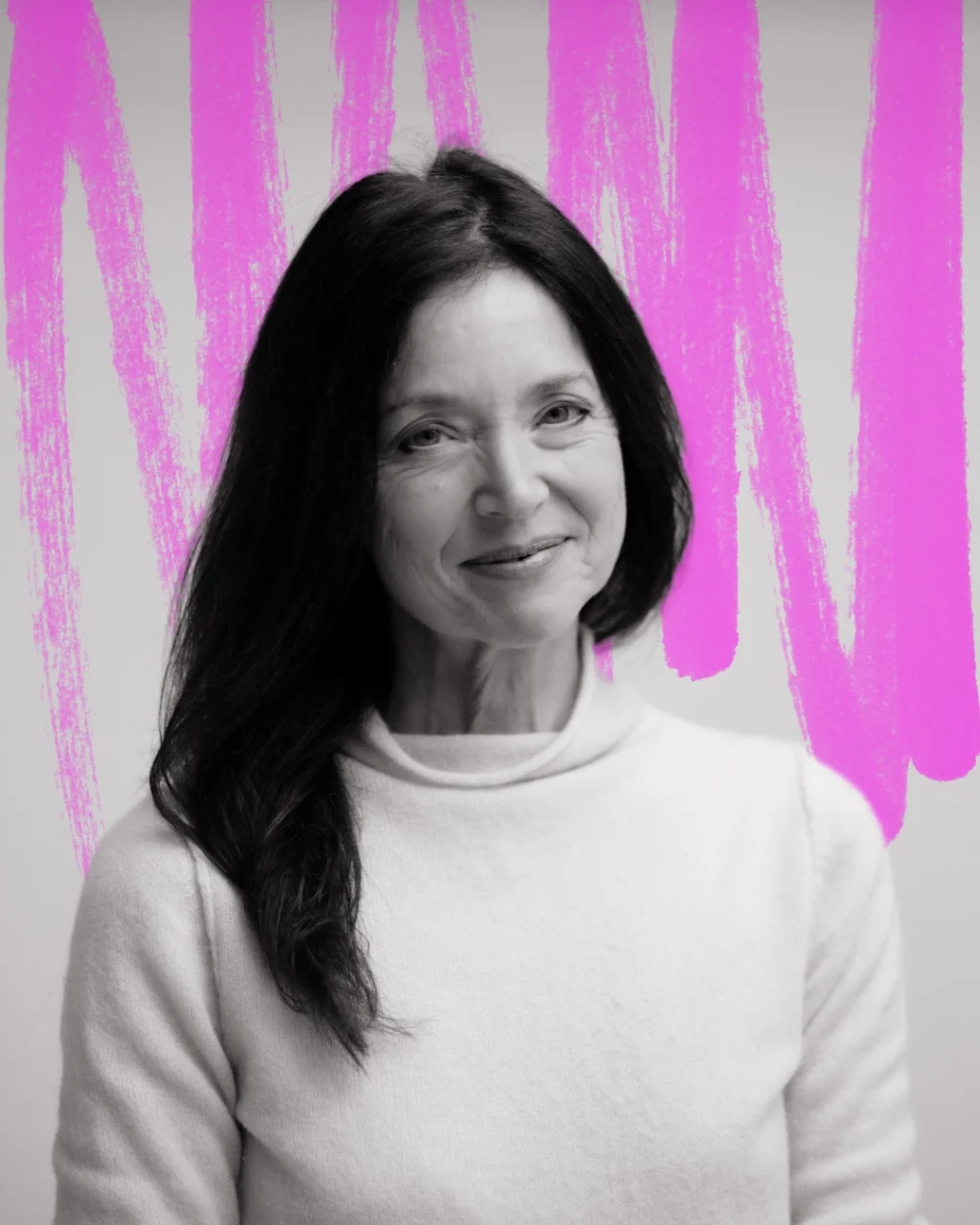 a black and white portrait of a woman with long dark hair, wearing a white jumper. behind her is a hand-drawn neon pink scribble.