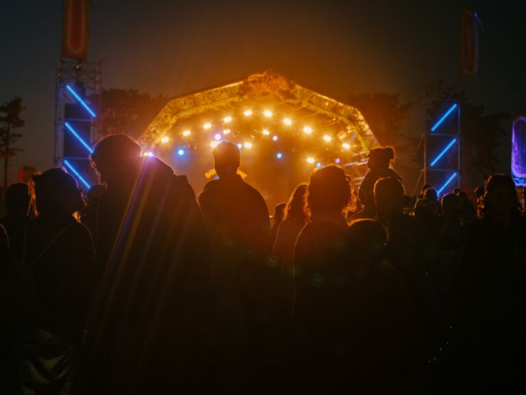 Silhouettes of a crowd at night in front of a stage at a music festival. The image has a dreamy, soft focus.
